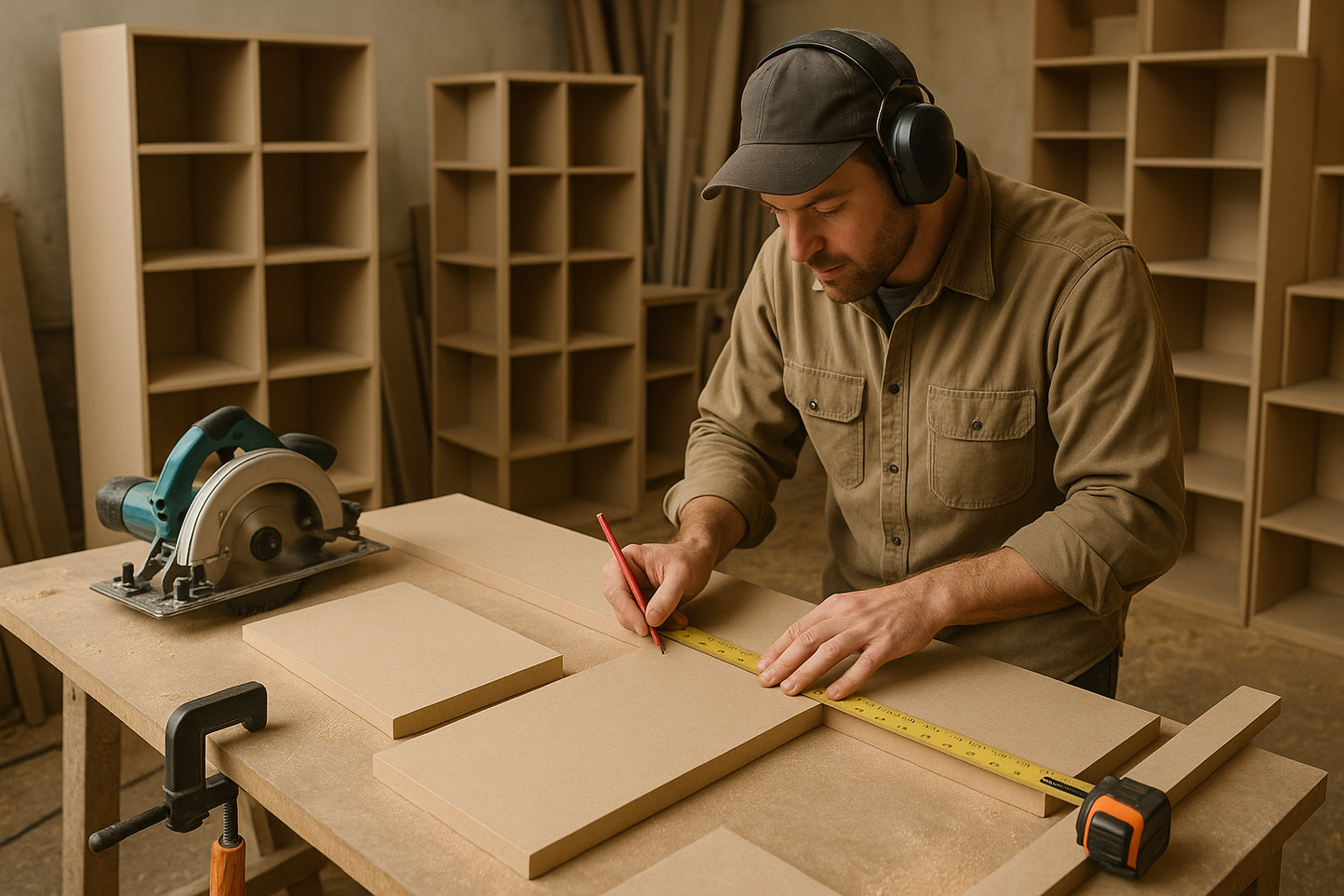 mdf being used by joiner building shelving