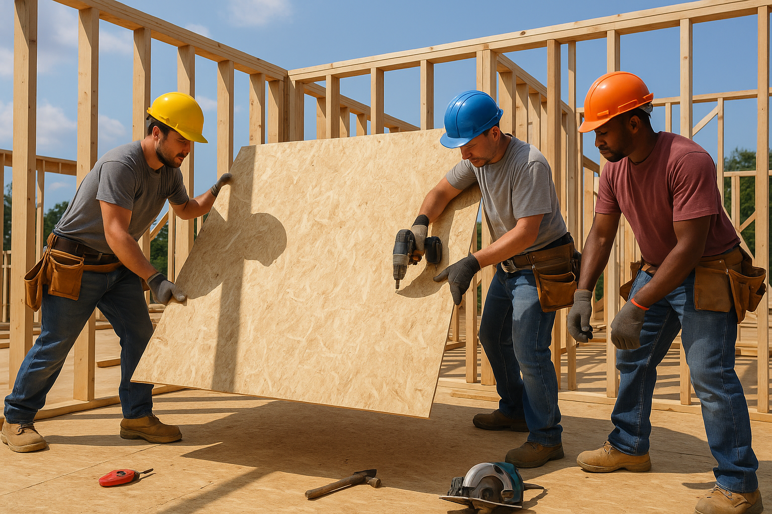 sheathing plywood sheet in use on a build